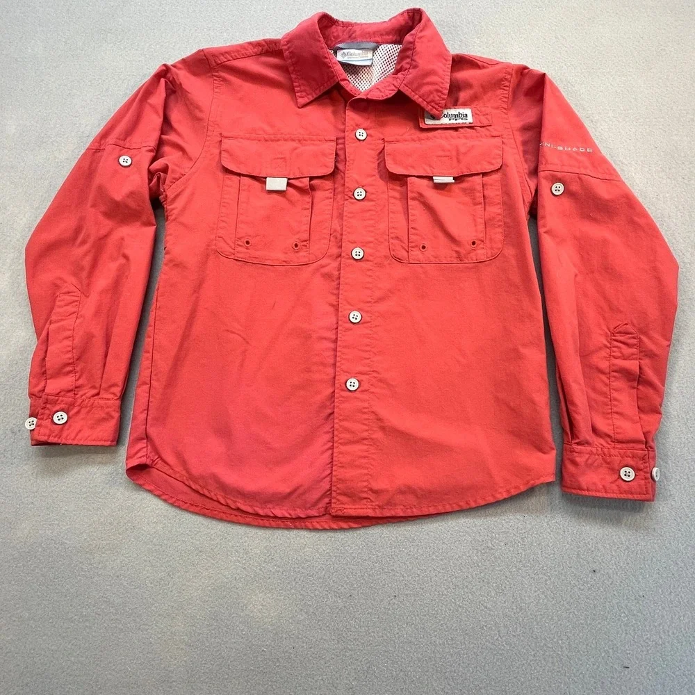Columbia PFG Fishing Shirt Boys Sm 8 Coral Long Sleeve Roll Tab Omni-Shade READ